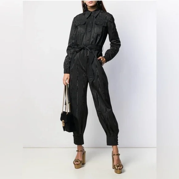 NWOT Gucci  Mock Neck Belted Moire Jumpsuit Romper Black Size 36/XS - Picture 4 of 12